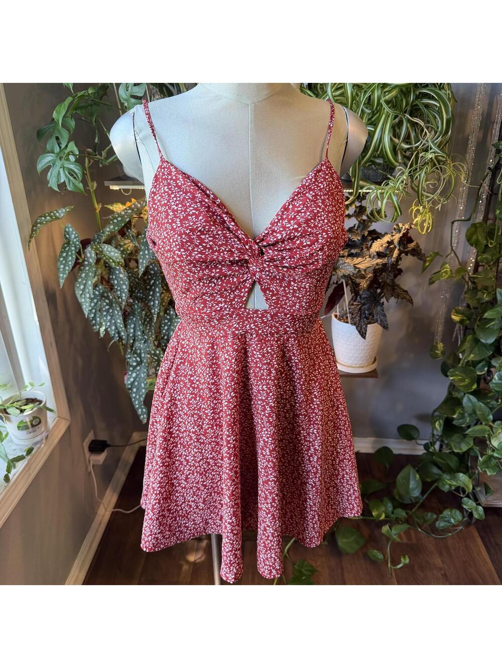 Cute Red Floral Summer Dress with Tie Back and Cutout Detail